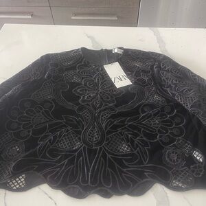 ZARA Black Velvet Embroidered Top | Sheer Detail | NWT